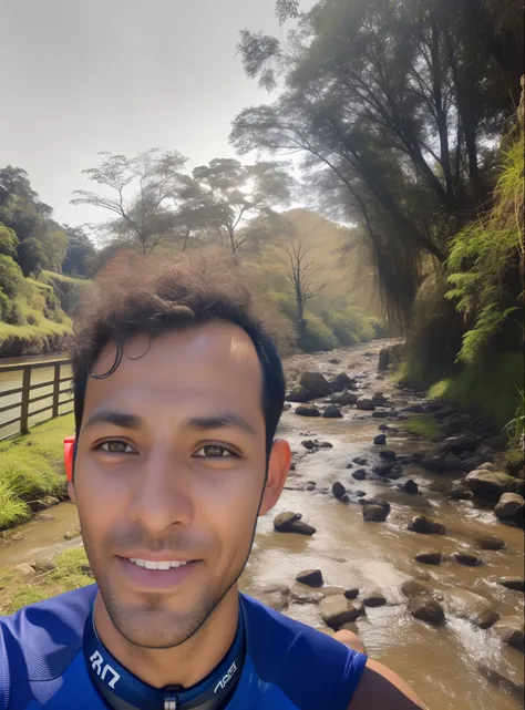 Arafed man taking a selfie in front of a stream, River in front of you, rio ao fundo, com um rio correndo por ele, ao lado de um pequeno rio, Espumante no Riacho Fluindo, Assumido em Go Pro Hero8, peacefully drinking river water, Fotografia selfie 8k, rive...