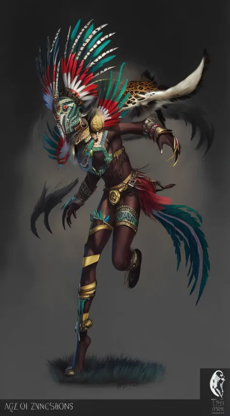 a drawing of a woman with a feather headdress and a leopard, azctec warrior, witch - doctor, digital painting of quetzalcoatl, aztec yaotl warrior, aztec warrior, rich aztec jaguar armor, mayan jaguar warrior, aztec warrior goddess, beautiful full body con...