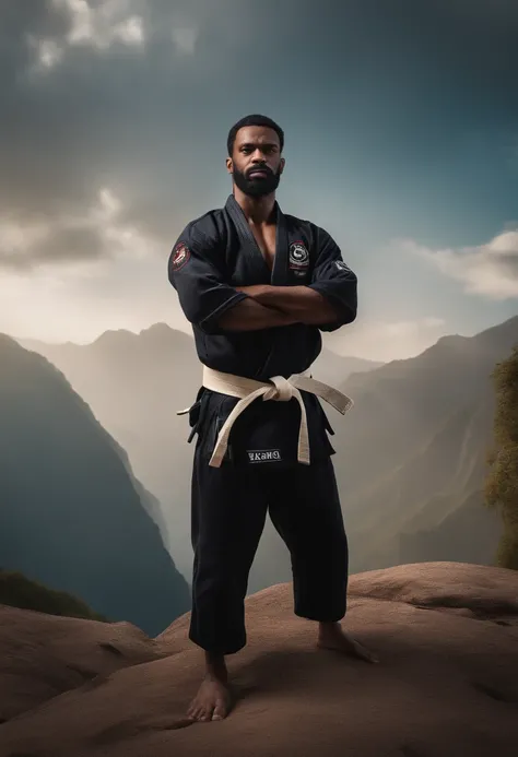 homem Negro em frente a uma gigantesca montanha ao fundo, with arms crossed, Man in combat position, Quimono de jiu-jitsu, 8k, hyper realista, detalhado.