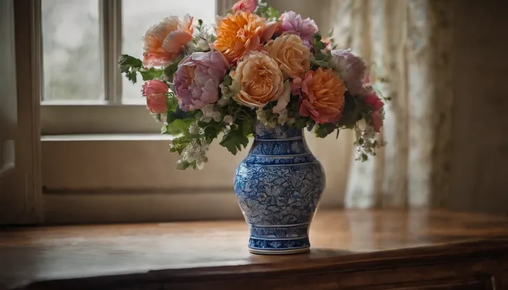 a flower vase, made of ceramic, blue-white color, delicately carved, filled with all kinds of flowers, bright colors, front view,