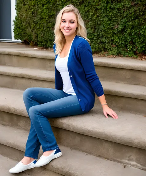 American, 22 years old, student, blonde, very beautiful cardigan and jeans