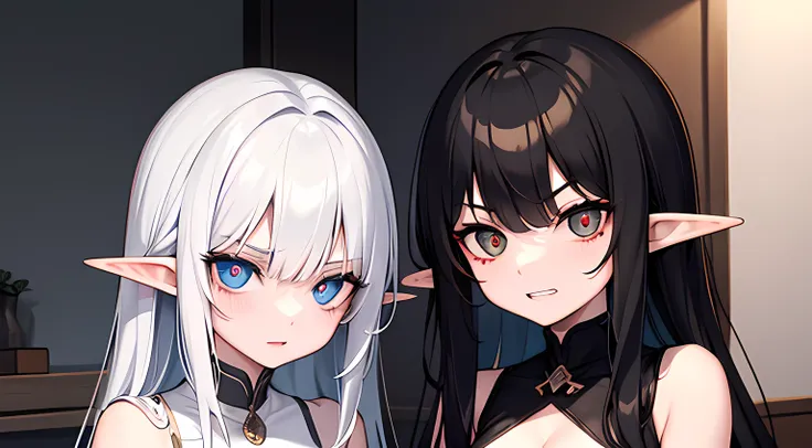 two elf girls, looking at viewers, black long hair, White short hair, Dark colors, ghotic style, Creepy style, Mommy Vibe, Two elf, Crazy, Strong facial study, Wild expression on his face, anger, Cats pupils, grin, night time, bedroom