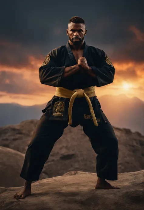 homem Negro em frente a uma gigantesca montanha ao fundo, with arms crossed, Man in combat position, Quimono de jiu-jitsu, 8k, hyper realista, detalhado.