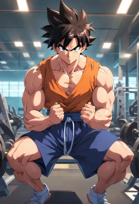 Troncos, anime, Dragon ball z, masculino, training intensely in a bodybuilding gym, expression serious, Well-defined and detailed muscles