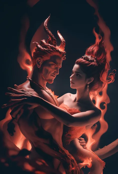 Hay una estatua de una mujer y un demonio en un fuego, satan in hell, Antecedentes del infierno, Diosa de la lava y el fuego de formas voluptuosas, Ilustraciones intrincadas. Renderizado de octanaje, 8k, 32k render foto, Hermosa y elegante reina demonio, L...