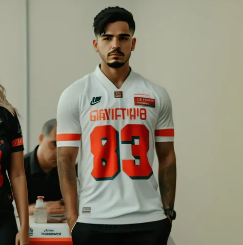 There is a man and a woman standing in a room with a table, lucas graziano, inspirado em Nathan Oliveira, wearing a volleyball jersey, octa 8k |, 2023, 2 0 2 3, Alex Flores, inspirado em Matt Cavotta, inspired by Antônio Parreiras, ligeiramente desfocado, ...