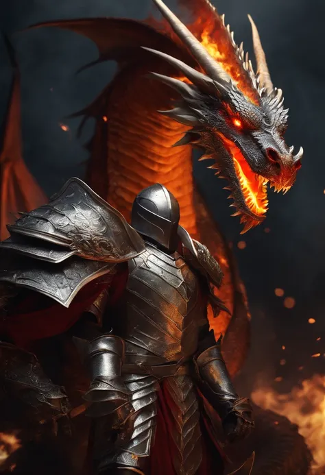 Knight in silver armor fighting with a huge fire dragon