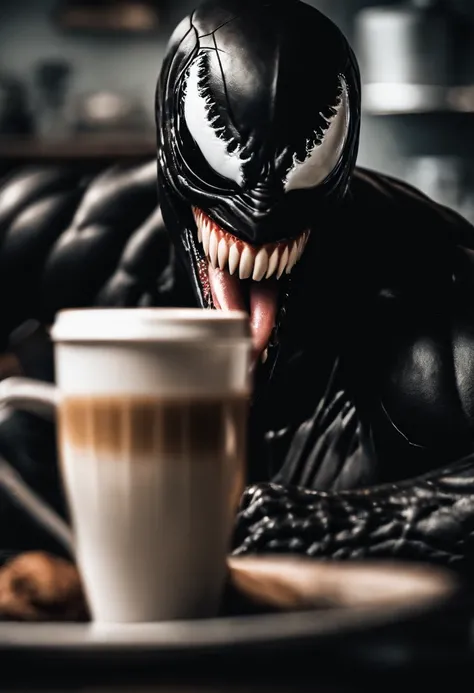 Venom working as a barista, serving coffee, hyper detail, crystal clear image, drinking coffee with his long tongue