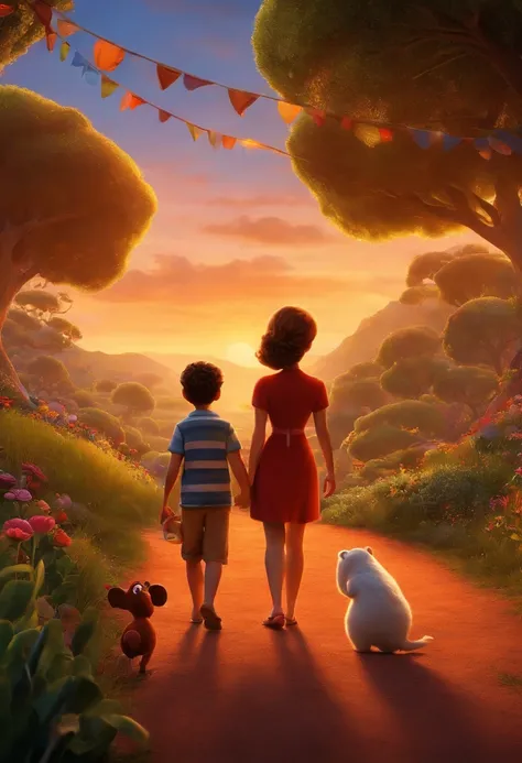 Um filme inspirado na Disney Pixar (familia branca, pai, mother 40 years, filha 8 anos, sentados no gramado) dentro A cena estar na arte distinta do estilo PIXAR, descolada e estilosa