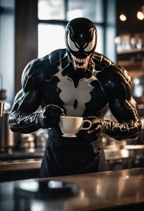 Venom working as a barista, serving coffee, hyper detail, crystal clear image