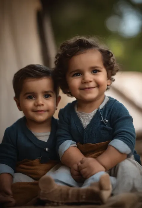 menino: Miguel, aproximadamente 5 anos de idade, cabelo curto estilo Disney, olhos castanhos e sorrisos. garota: Giovana, 2 anos, longos cabelos pretos e olhos azuis. scenecy: Miguel and Giovana are in a cozy little house in the valley, ao fundo um dia ens...