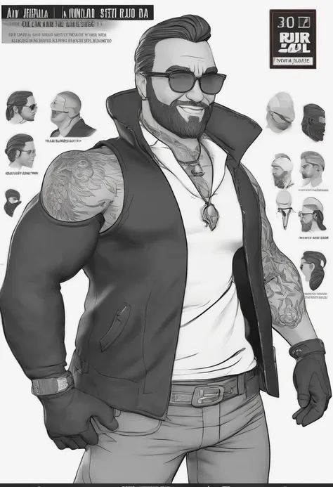 Personagem de desenho animado de um homem com colete preto de moto clube, cabelo liso maquina zero nas laterais, With beard and old school tattoo on his arm, animation character, Caractere estilizado, animation style rendering, 3D estilizado, Arnold Maya r...