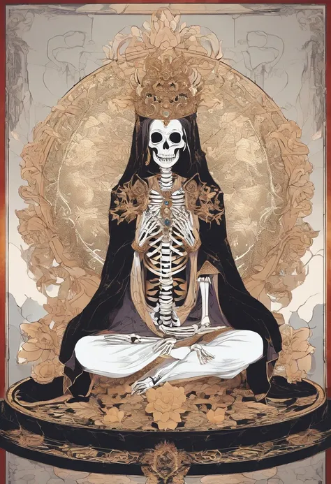 (1 Evil、Strange Bodhisattva), (Beautiful female，ssmile, big breasts beautiful,Close your eyes, Super detailed face), (A crown made of white bone:1.2), (beautiful countenance、Dress coolly:1.2), (Sit on the white bone lotus platform，by white bones、A lotus pl...