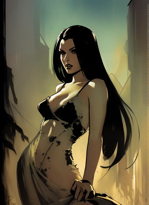 Style to the art of Fran Frazetta. An attractive vampire woman with a slender body, her pale skin almost glowing in the moonlight, stands on top of a pile of corpses, wearing a previously torn tight dress, her long black hair falling over her shoulders as ...