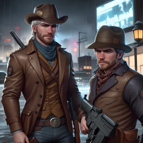 Hyper realistic Arthur Morgan wearing a bandanna holding a shotgun in Gotham city and it’s raining