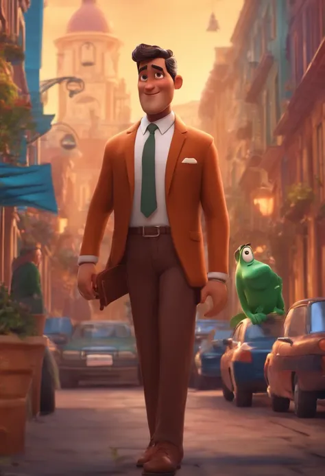 A city councilman looking at a dream project inspired by Pixar animation, de perto. The character takes center stage with captivating facial expressions, oferecendo um toque de irrealidade