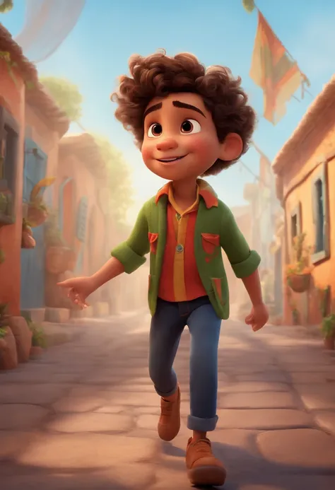 Image of a boy for a story in a YouTube video in Pixar format, hes little Joaquim, Hes the class leader, Hes outgoing, Playful and gets up for a lot of things, cabelo curto