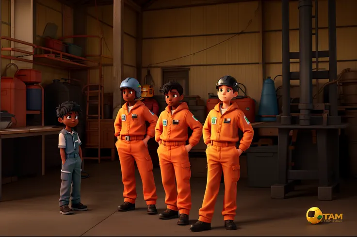 A team of four boys in the shed of a company, The first boy is black and wears dark clothes and light-colored pants, The second boy is black and wears a white jumpsuit and helmet, The third boy is black and a little shorter than the others, He wears overal...