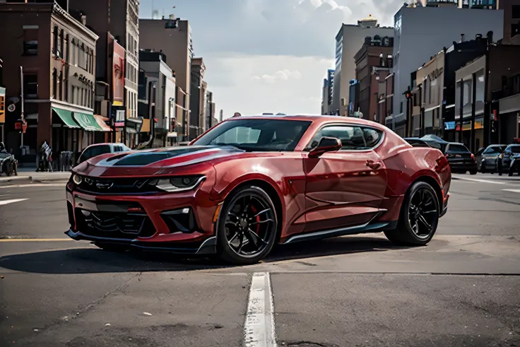 Masterpiece, best quality, 4k, automobile, red 2024 Chevrolet Camaro ZL1, New York City street backdrop, 3/4 view, cowboy shot, solo, single