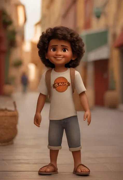 crie um banner no estilo Pixar. A boy with Indian features, moreno pardo com cabelos curtos, Castanhos escuros, Curly and slightly grayish appearance, mas jovem, usando uma camiseta, Wearing jeans and holding a sign that reads Only Jesus Can Save.