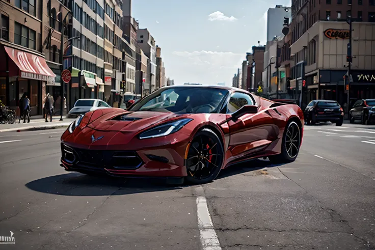 Masterpiece, best quality, 4k, automobile, red 2024 Chevrolet Corvette Stingray, New York City street backdrop, 3/4 view, cowboy shot, solo, single