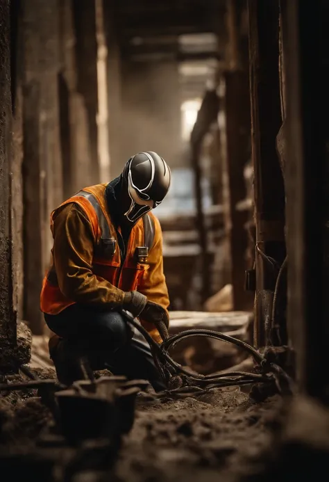 Venom working as a construction worker, hyper detailed, intricate detail, crystal clear image