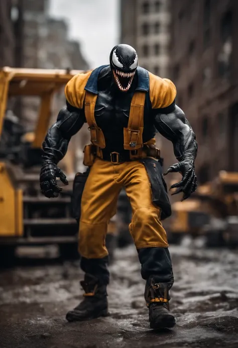 Venom working as a construction worker, hyper detailed, intricate detail, crystal clear image