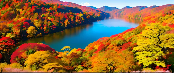 (The ultra -The high-definition、Best Quality、masutepiece、Photo Quality、Real Stick、​masterpiece:1.3)Beautiful Japan scenery captured with a very wide field of view、ropeway、Very beautiful autumn leaves、In fine weather、evening glow