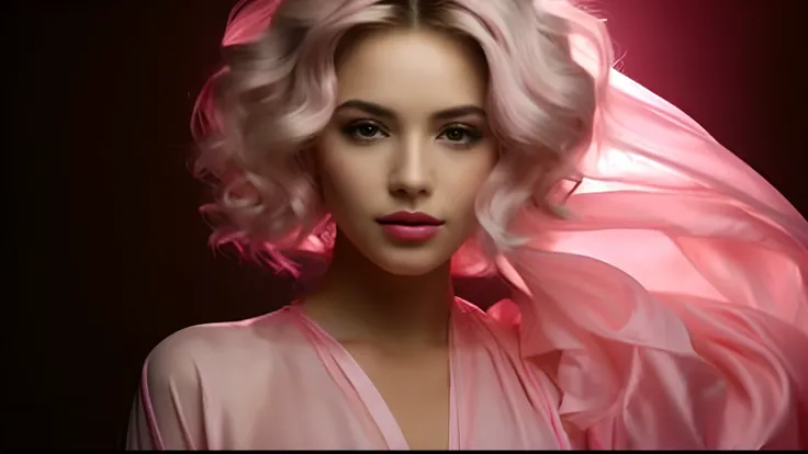 Close-up of a woman with a pink veil on her head, portrait color glamour, pink wispy hair, Flowing pink hair, flowing pink-colored silk, Pink girl, Dramatic pink light, Glowing pink face, portrait shooting, curly pink hair, Light effect. Feminine, pink and...