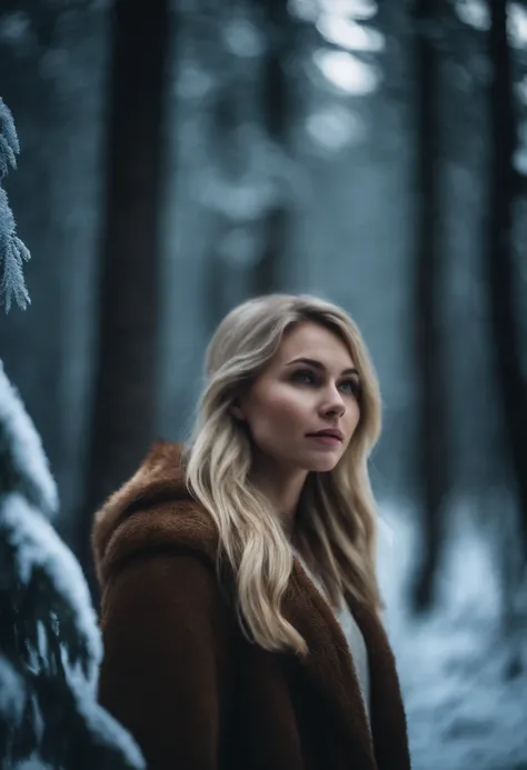 Blonde girl in icy forest，Next to it is a large brown wolf.