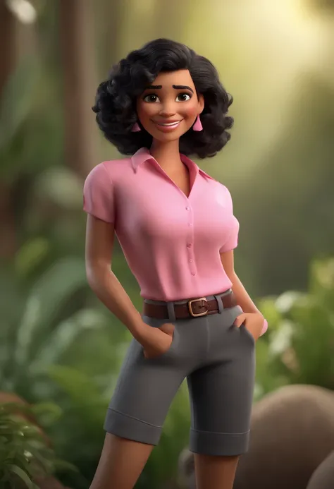 Cartoon character of a woman with black curly hair and a pink shirt, black tailored pants, black eyes and smiling, animation character, Caractere estilizado, animation style rendering, 3D estilizado, Arnold Maya render, 3 d render stylized, toon render key...