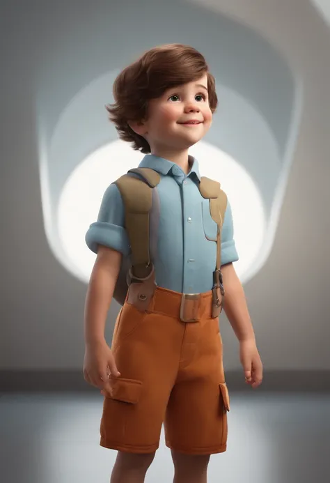 a happy cute kid standing short hair, vestindo uma fantasia espacial, , fundo branco, barnet, tom, Estilo Pixar, ..3d, desenhos animados, rosto detalhado, asymmetrical 16k