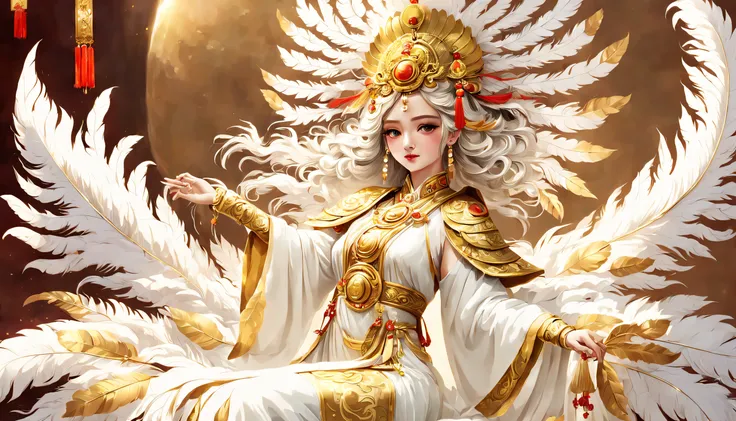 daughter of the sun god，white period costume，gold feather decoration，lovely and beautiful，chinese ancient style，mito