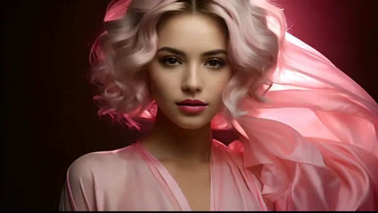 Close-up of a woman with a pink veil on her head, portrait color glamour, pink wispy hair, Flowing pink hair, flowing pink-colored silk, Pink girl, Dramatic pink light, Glowing pink face, portrait shooting, curly pink hair, Light effect. Feminine, pink and...