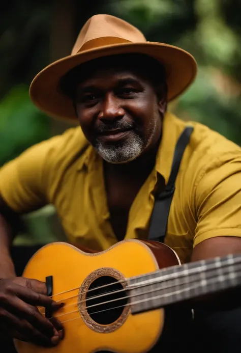 HOMEM NEGRO OBESO, WEARING A PANAMA HAT WITH UKULELE IN HAND,  E  CANTANDO NO MICROFONE. NEGO SP