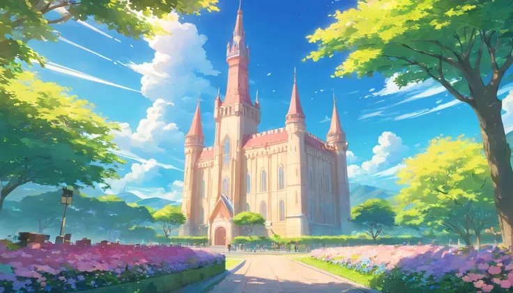 Architectural view，In a distant kingdom，There is a majestic castle，The spire of the castle reaches into the sky。The castle is surrounded by a flowery garden，All kinds of flowers are blooming，Exudes a burst of fragrance。