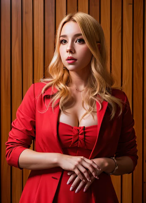 blond woman in red dress posing for a picture in front of a wooden wall, kimberly asstyn, yelena belova, inspired by Julia Pishtar, lorena avarez, leaked image, magdalena radziej, barbara hammer 4 k, portrait of nicole aniston, olga buzova, aleksandra wali...