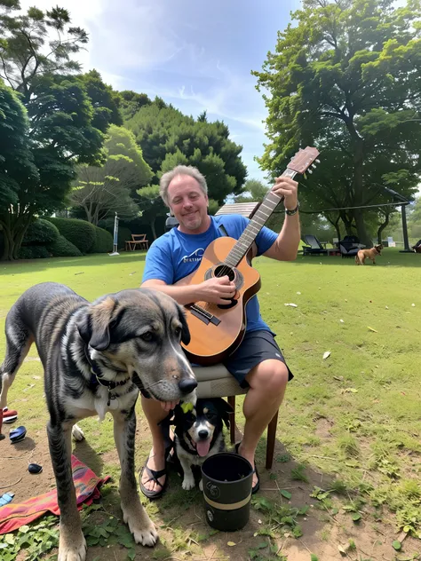 Theres a man sitting in a chair with a guitar and a dog, jamming to music, playing the guitar, with dogs, music, tocando guitarra, playing a guitar, badass composition, with stray dogs, Album art, unusual composition, Directed by: Milton Menasco, em harmon...