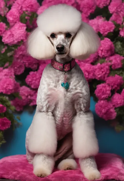 Poodle gigante femea cinza tigrada na mesa de tosa rosa com fundo de azulejos brancos escrito "Stella "