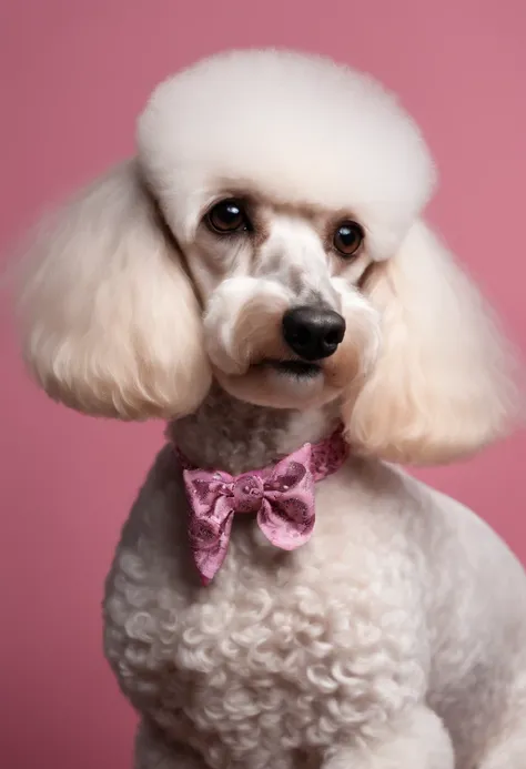 Poodle gigante femea cinza tigrada na mesa de tosa rosa com fundo de azulejos brancos escrito "Stella "