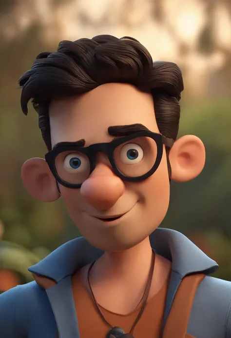 Cartoon character of a man with black glasses, cabelo cacheado marrom escuro e uma camisa azul, animation character, Caractere estilizado, animation style rendering, 3D estilizado, Arnold Maya render, 3 d render stylized, toon render keyshot, Personagem 3D...