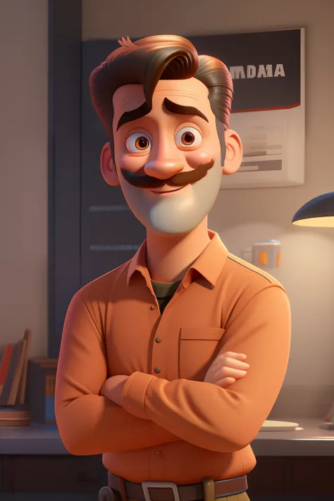 personagem de desenho animado de um homem com um bigode e uma camisa, pixar retrato 8 k foto, Pixars Renderman rendering, Como um personagem da Pixar, renderizar na pixar, Personagem de close up, Representado como um personagem da Pixar, personagem pixar, ...