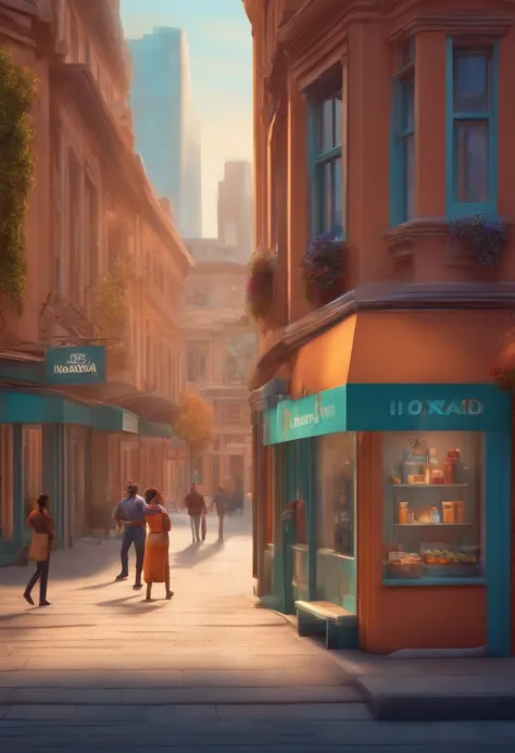 Pixar 3D style drawing of a slimming clinic in the city center with a character in the foreground