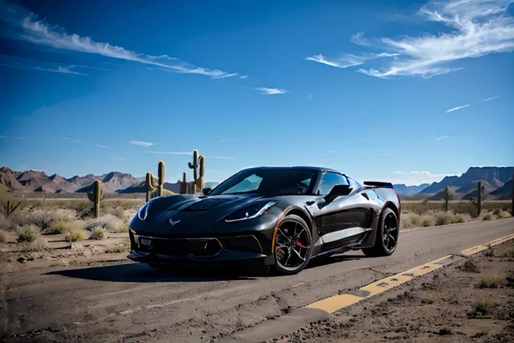 Masterpiece, best quality, 4k, automobile, black 2024 Chevrolet Corvette Stingray, Arizona desert backdrop, 3/4 view, cowboy shot, solo, single