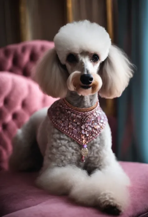 Poodle gigante femea cinza tigrada na mesa de tosa rosa com fundo de azulejos brancos escrito "Stella "