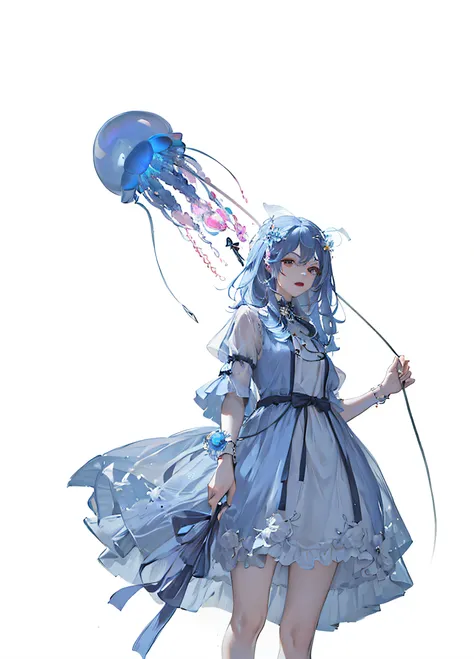 There is a woman in a dress holding a jellyfish balloon, jellyfish priestess, jellyfish shrine maiden, Guviz, jellyfish headdress, Guviz-style artwork, blue transparent jelly, Guweiz in Pixiv ArtStation, blue jellyfish, Guweiz on ArtStation Pixiv, cyberpun...