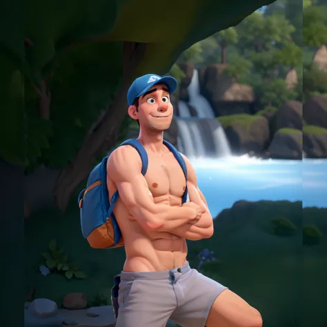 A handsome boy with a closed expression in a strong blue cap, shirtless and with a backpack on his back, no fundo pedras e cachoeira, no estilo disney pixar 3D