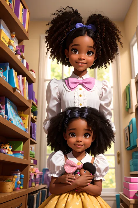 3d style disney pixar black girl woman tall curly hair brown eyes in a bow and ribbon atelier with her baby in clothes written Biancas Bows