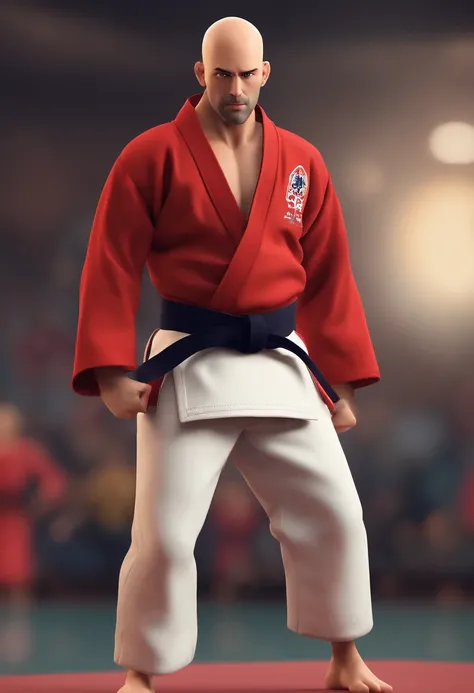 Half-bald brunette man in pixar style judo outfit