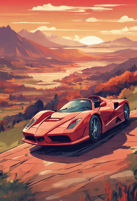 design de camisetas, Genshin Impact Chart, vetor, A Ferrari Enzo with a scenic landscape in the background, Detailed illustration, and retro style